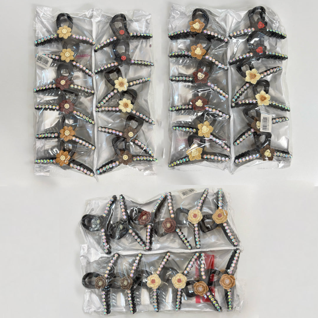 AB-1485 (12 pcs) 11 cm Flower Rhinestone Resin Hair Clamp