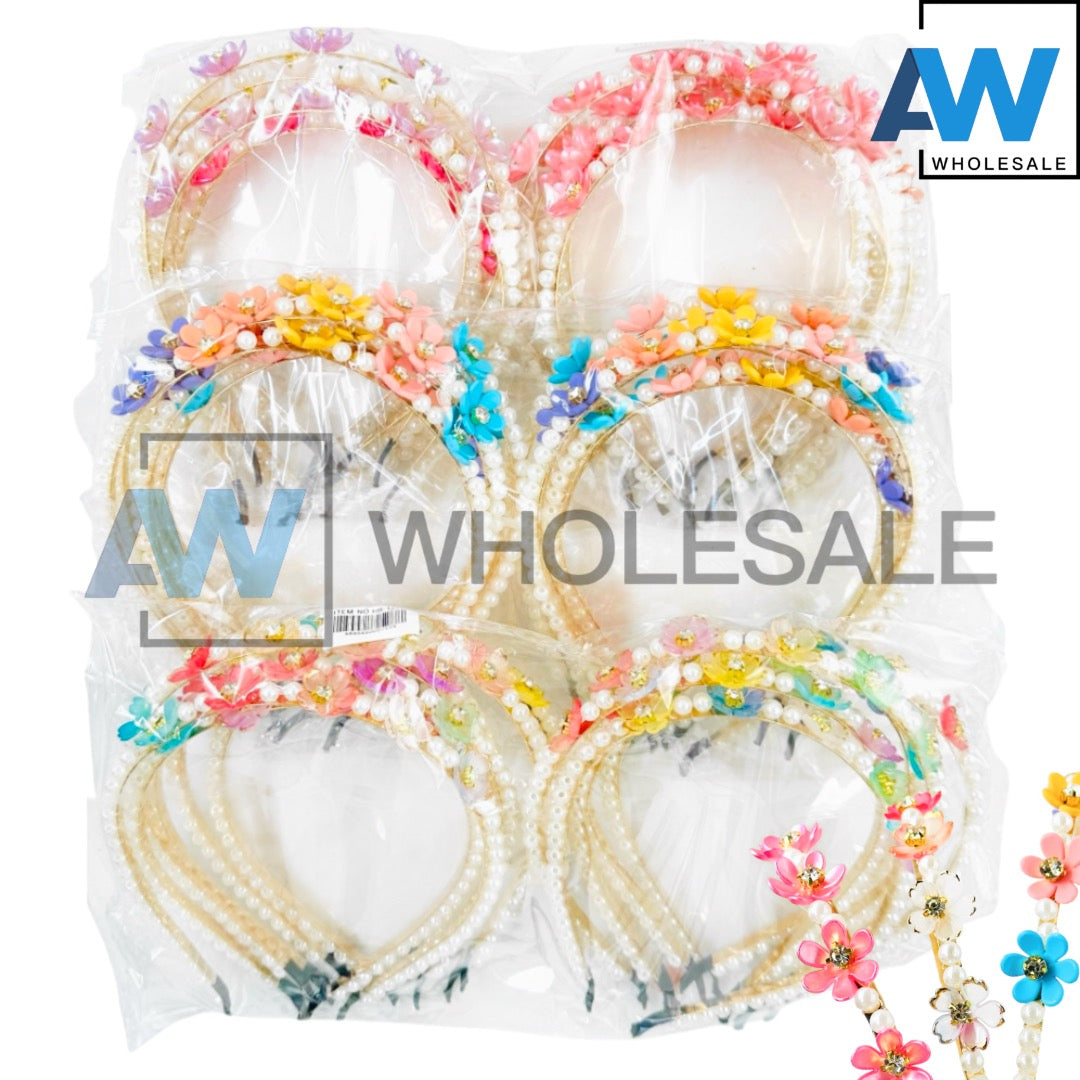 HB-1272 (12 pcs) Flower Pearl Metal Headbands