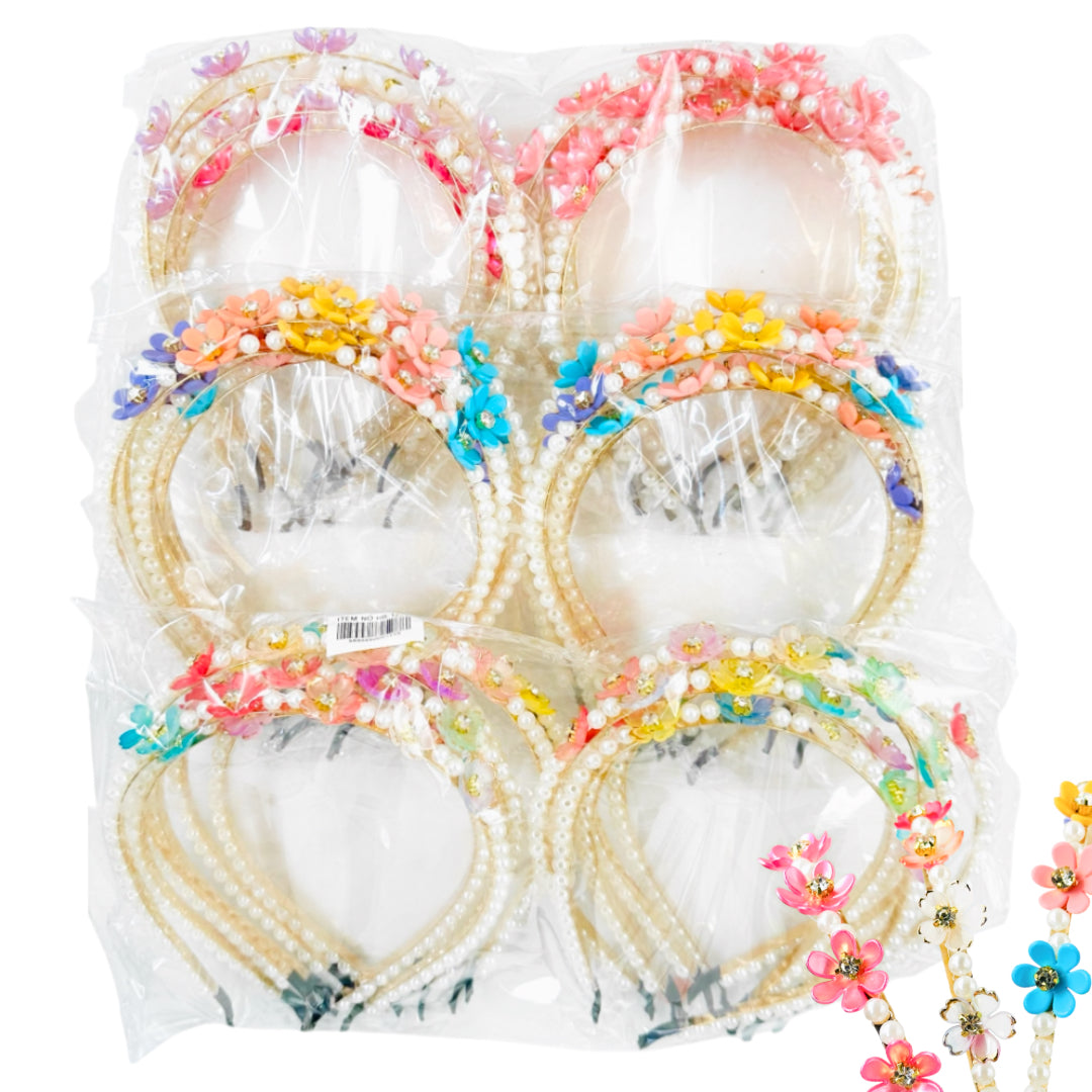 HB-1272 (12 pcs) Flower Pearl Metal Headbands
