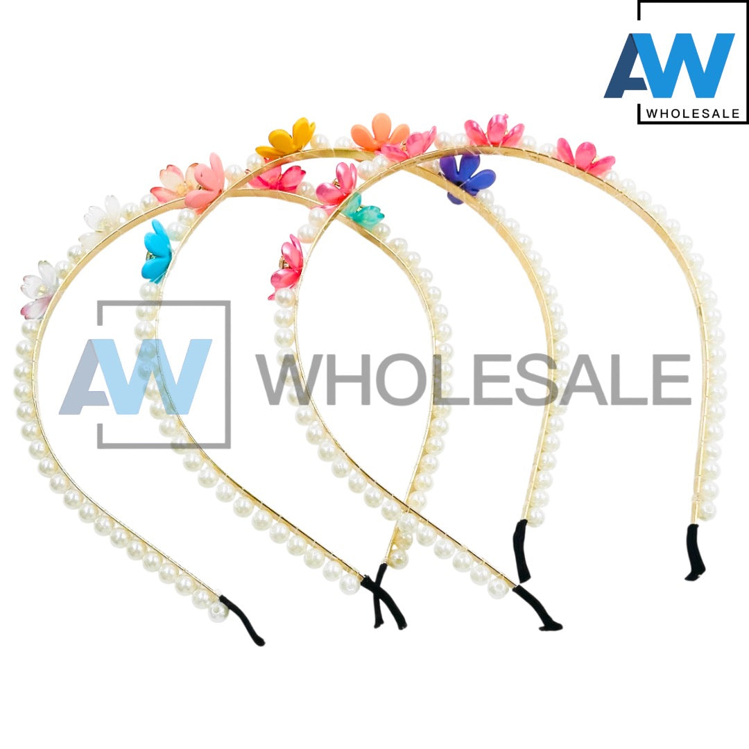HB-1272 (12 pcs) Flower Pearl Metal Headbands