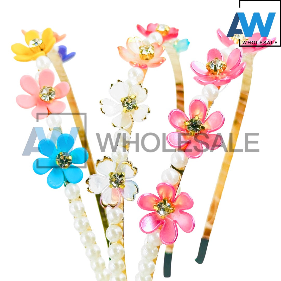 HB-1272 (12 pcs) Flower Pearl Metal Headbands