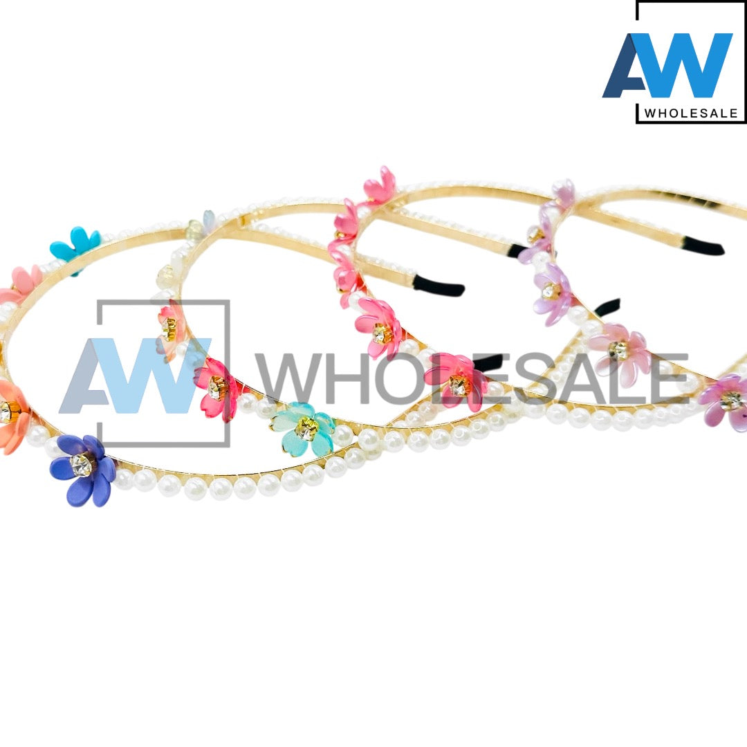 HB-1272 (12 pcs) Flower Pearl Metal Headbands