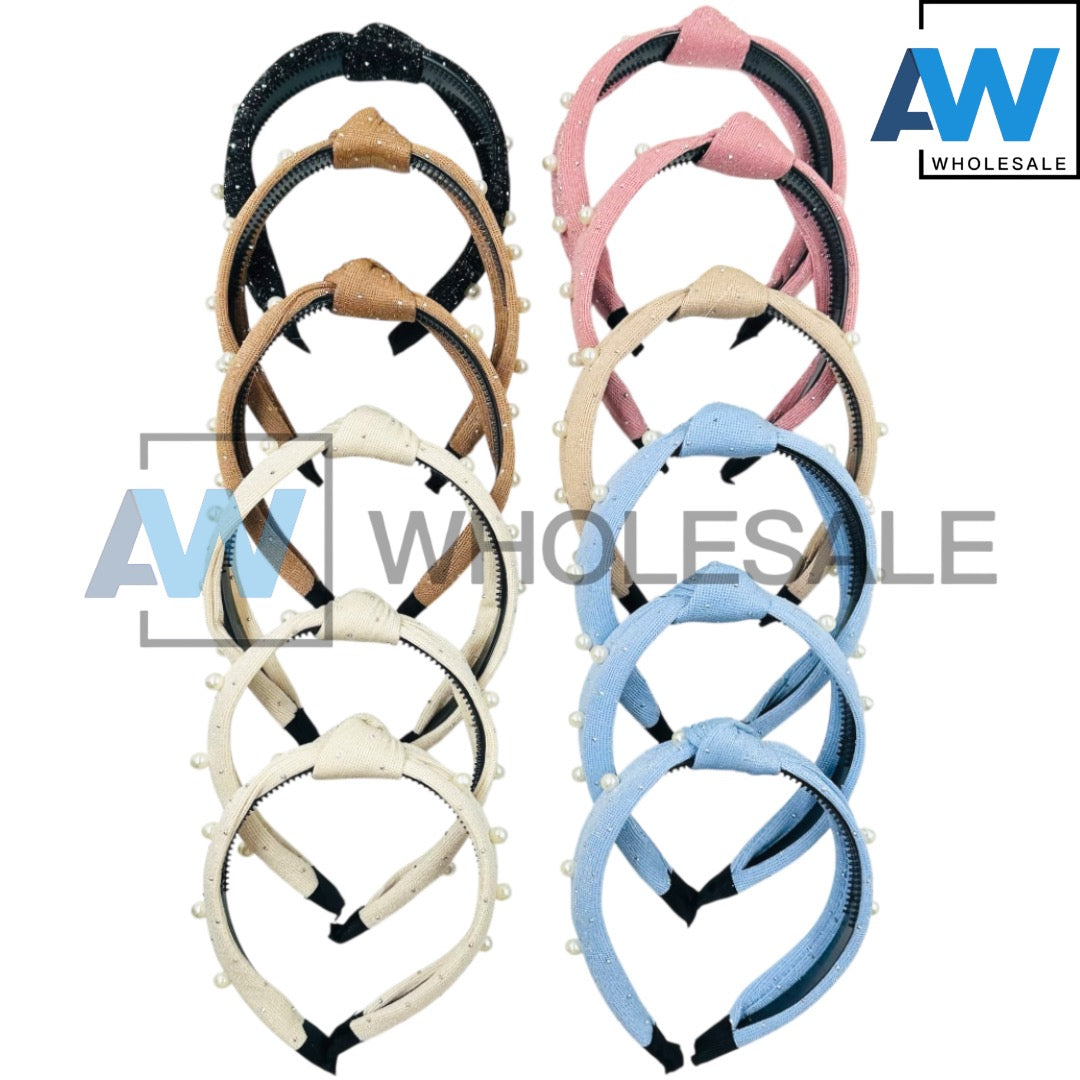 HB-1632 (12 pcs) Pearl Knotted Fabric Headbands