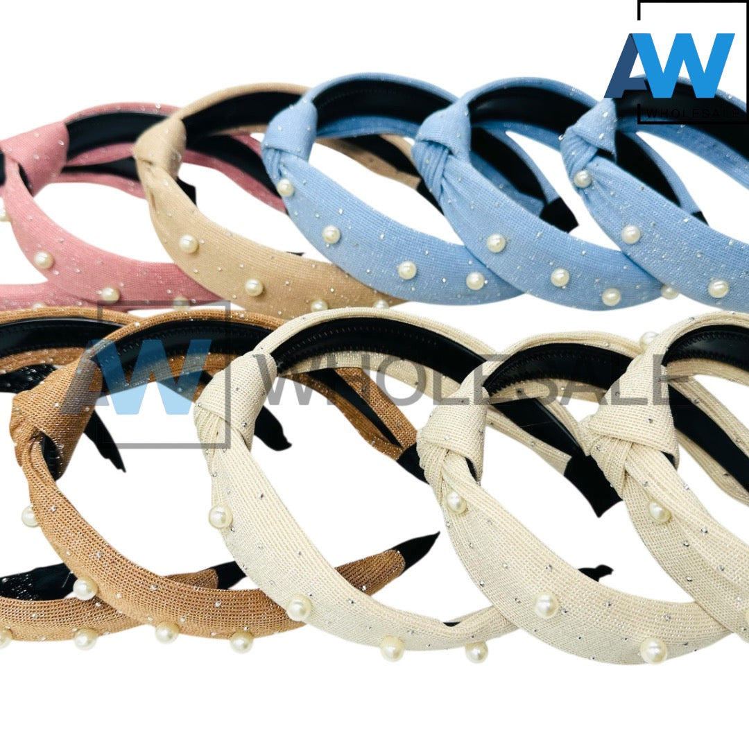 HB-1632 (12 pcs) Pearl Knotted Fabric Headbands