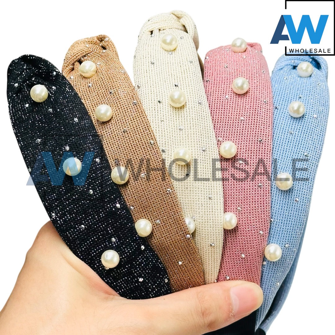 HB-1632 (12 pcs) Pearl Knotted Fabric Headbands