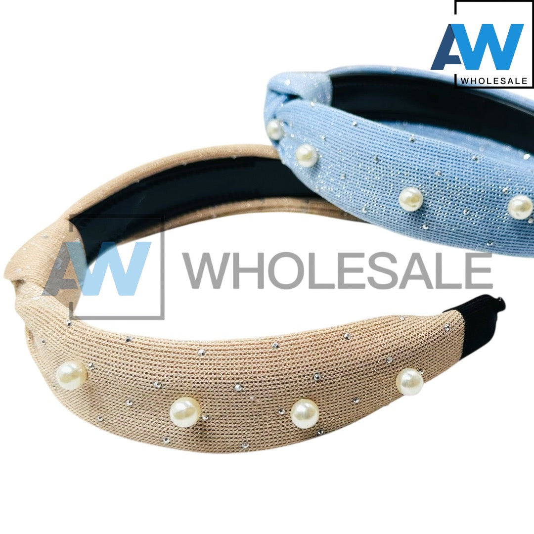 HB-1632 (12 pcs) Pearl Knotted Fabric Headbands