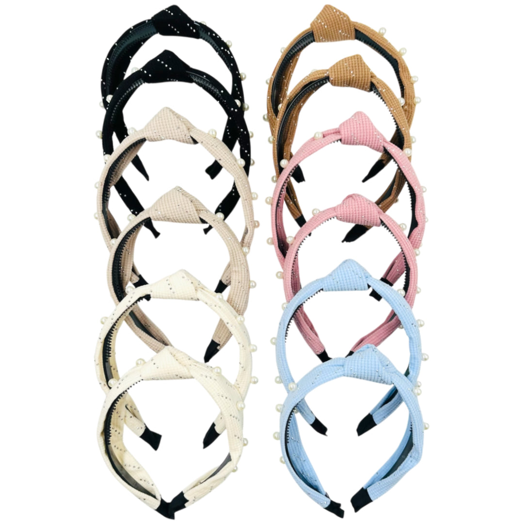 HB-1633 (12 pcs) Pearl Knotted Fabric Headbands