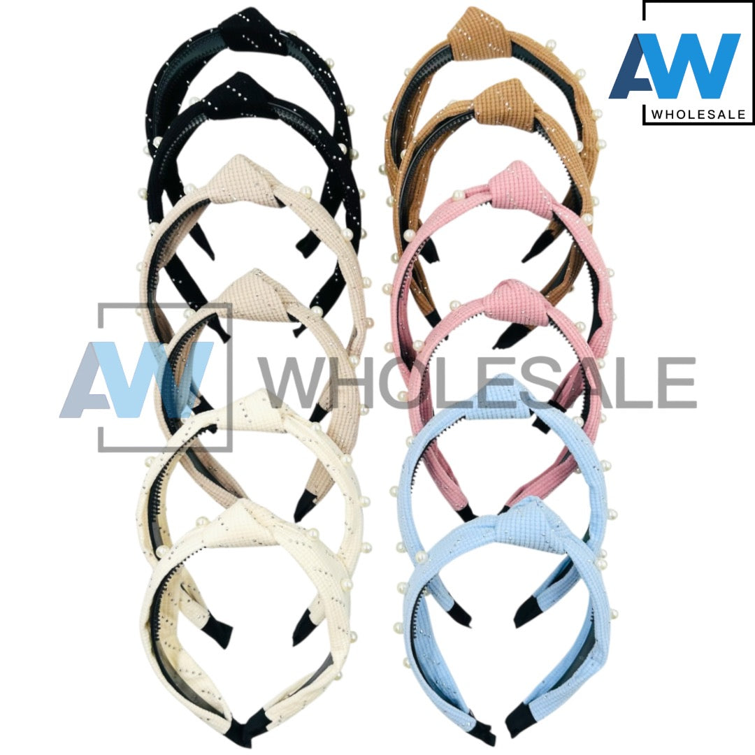 HB-1633 (12 pcs) Pearl Knotted Fabric Headbands