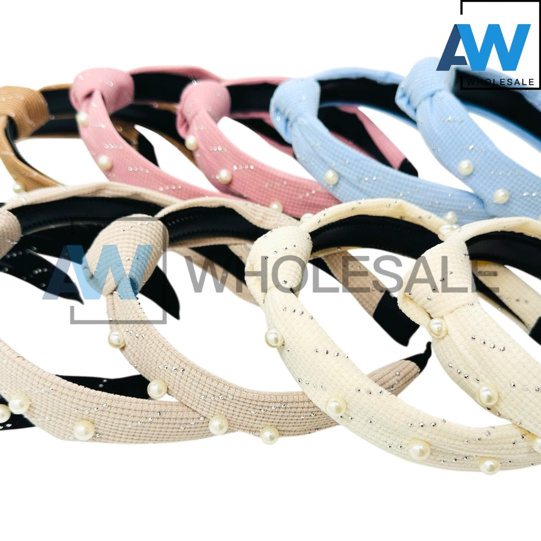 HB-1633 (12 pcs) Pearl Knotted Fabric Headbands