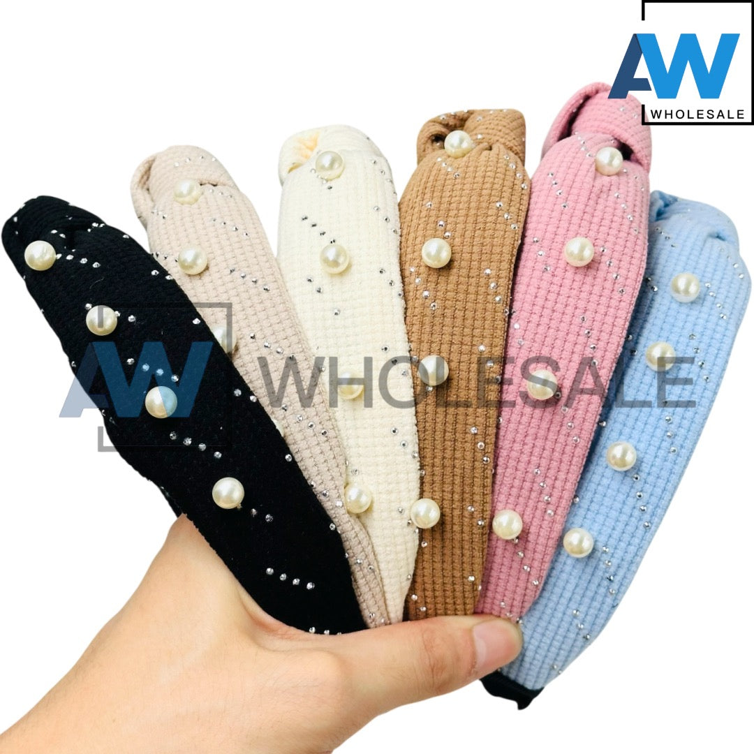 HB-1633 (12 pcs) Pearl Knotted Fabric Headbands