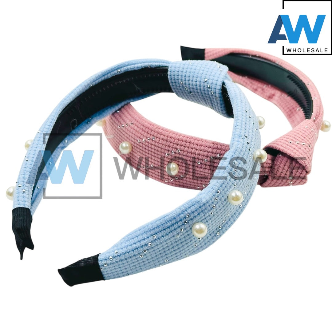 HB-1633 (12 pcs) Pearl Knotted Fabric Headbands