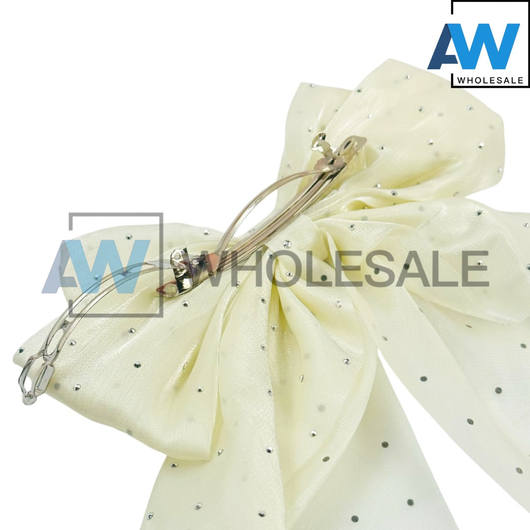 HPN-2116 (12 pcs) Sheer Fabric Ribbon Tail Barette Hair Clips