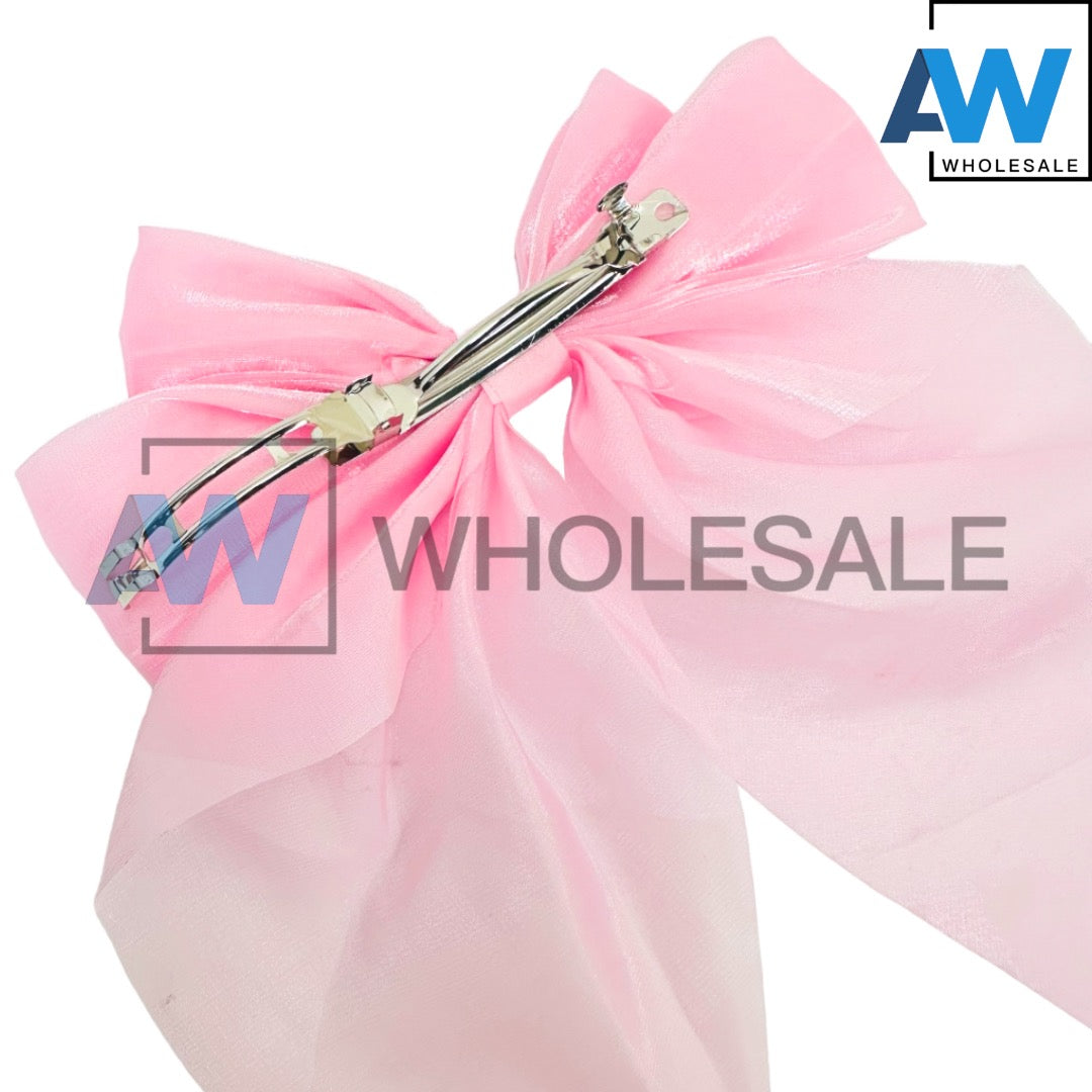 HPN-2117 (12 pcs) Sheer Fabric Ribbon Tail Barette Hair Clips