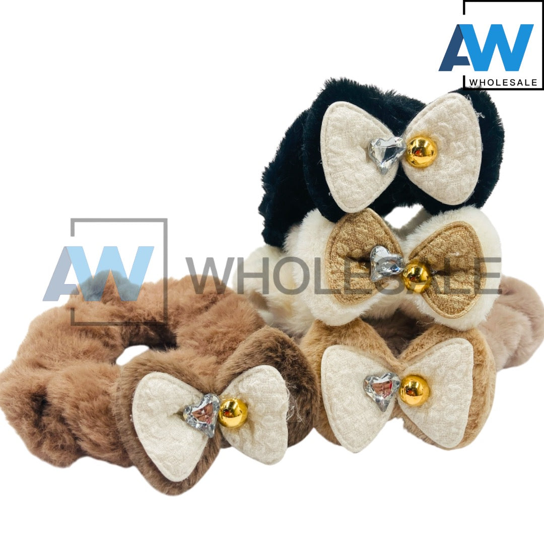 HPN-2285 (10 pcs) Ribbon Faux Fur Hair Ties