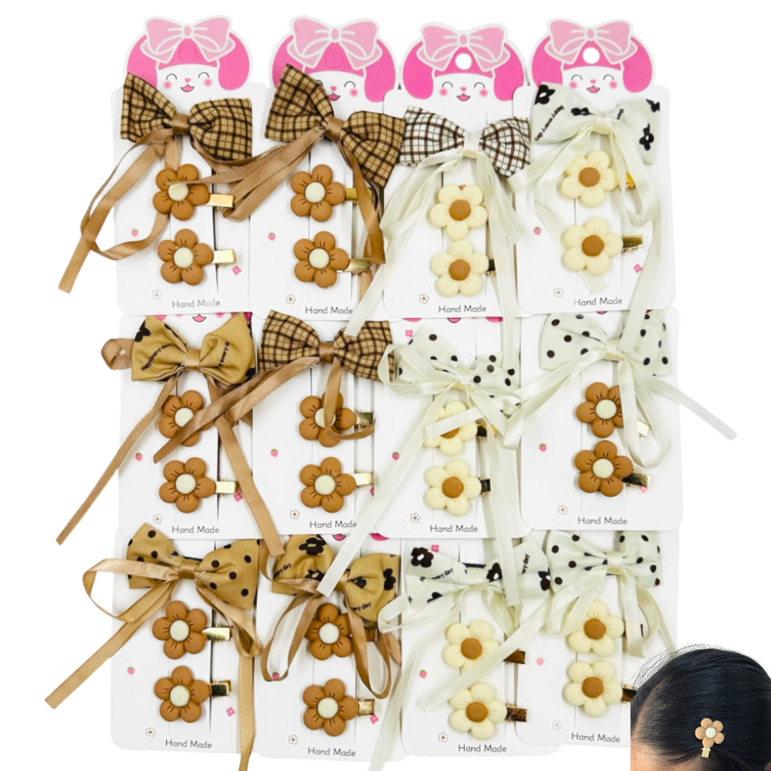 HPN-2373 (12 cards) 3 in 1 Flower Ribbon Hair Clip Set