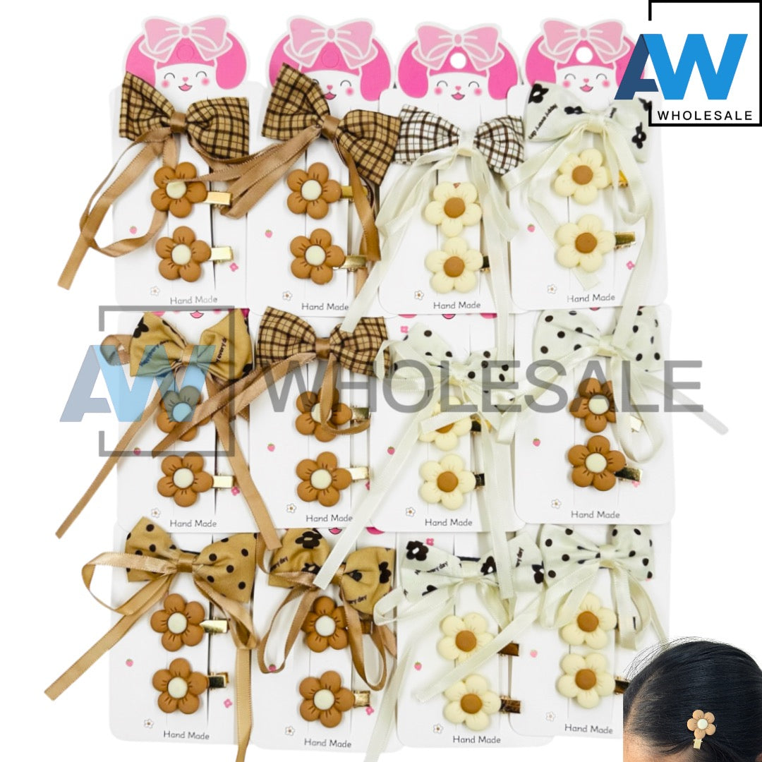 HPN-2373 (12 cards) 3 in 1 Flower Ribbon Hair Clip Set