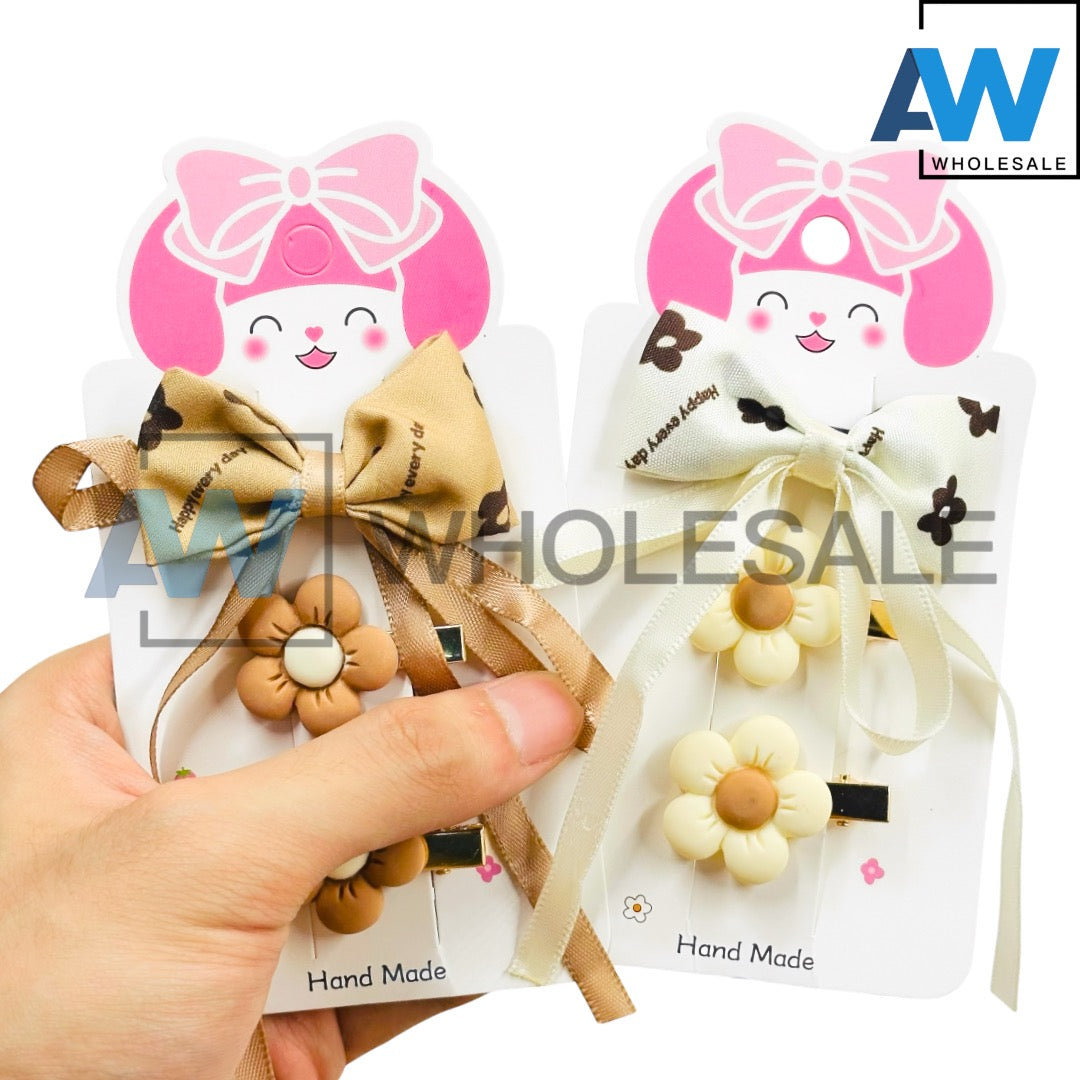 HPN-2373 (12 cards) 3 in 1 Flower Ribbon Hair Clip Set