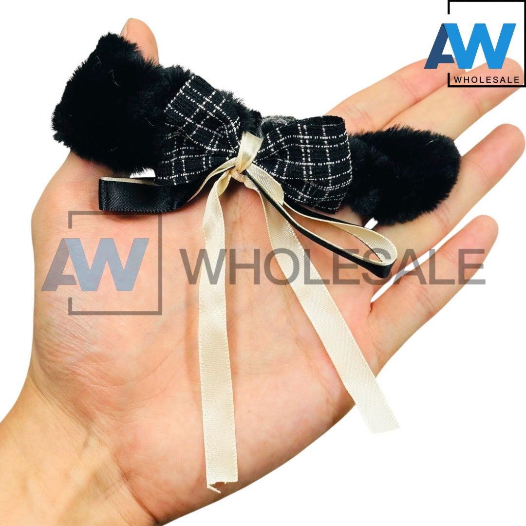 HPN-2429 (10 pcs) Ribbon Faux Fur Scrunchies Hair Ties