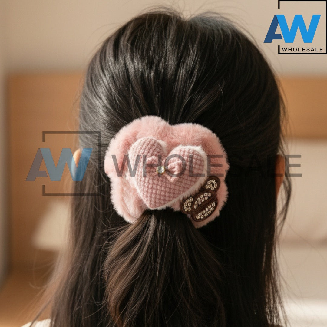 HPN-2431 (10 pcs) Ribbon Faux Fur Scrunchies Hair Ties