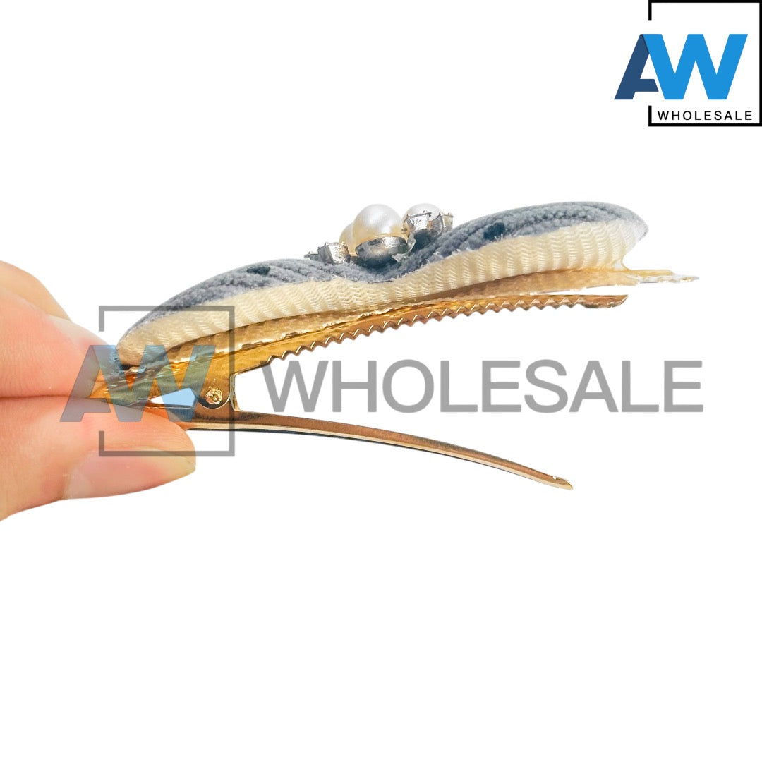 HPN-2521 (12 pcs) Pearl Ribbon Fabric Hair Clip
