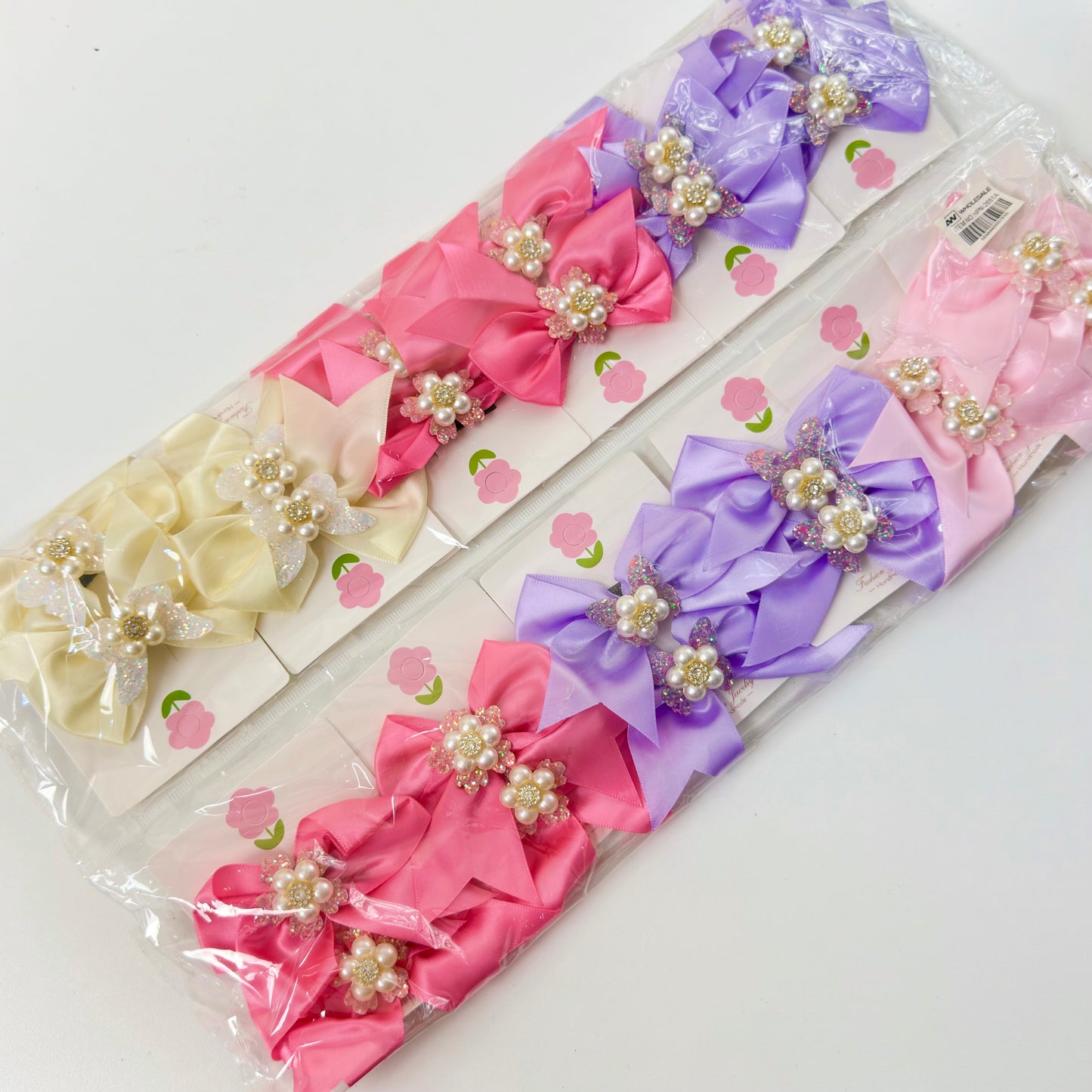 HPN-2651A (12 pairs) Pearl Flower Satin Bow Hair Clip Set