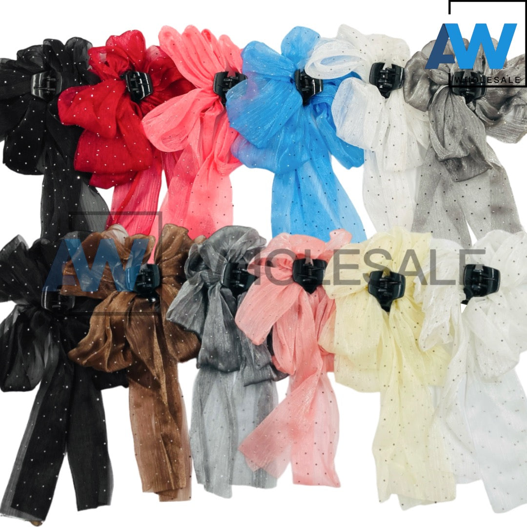AB-877 (12 pcs) Bow Ribbon Tail Barette Hair Clips