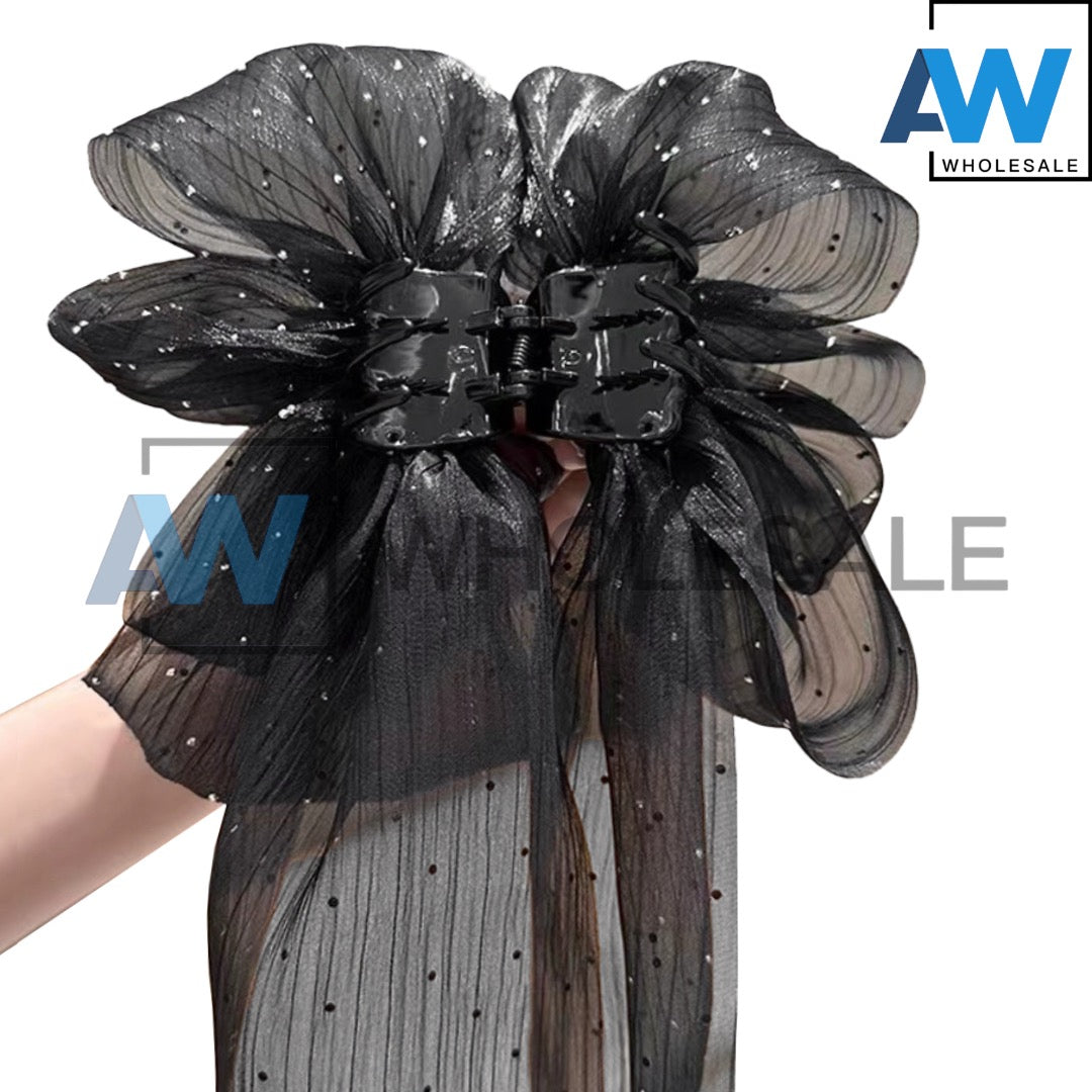 AB-877 (12 pcs) Bow Ribbon Tail Barette Hair Clips