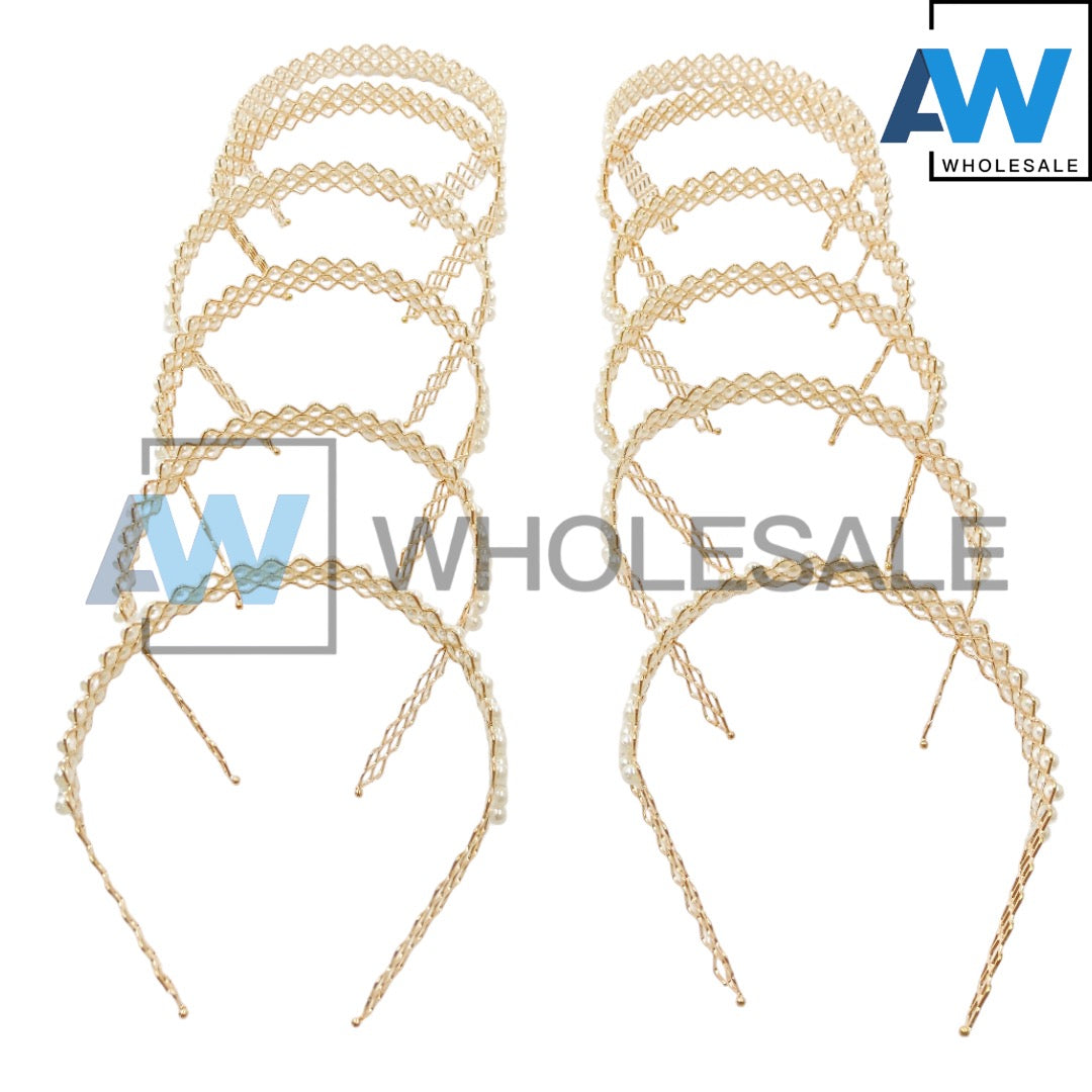 HB-1270 (12 pcs) Pearl Golden Metal Headbands