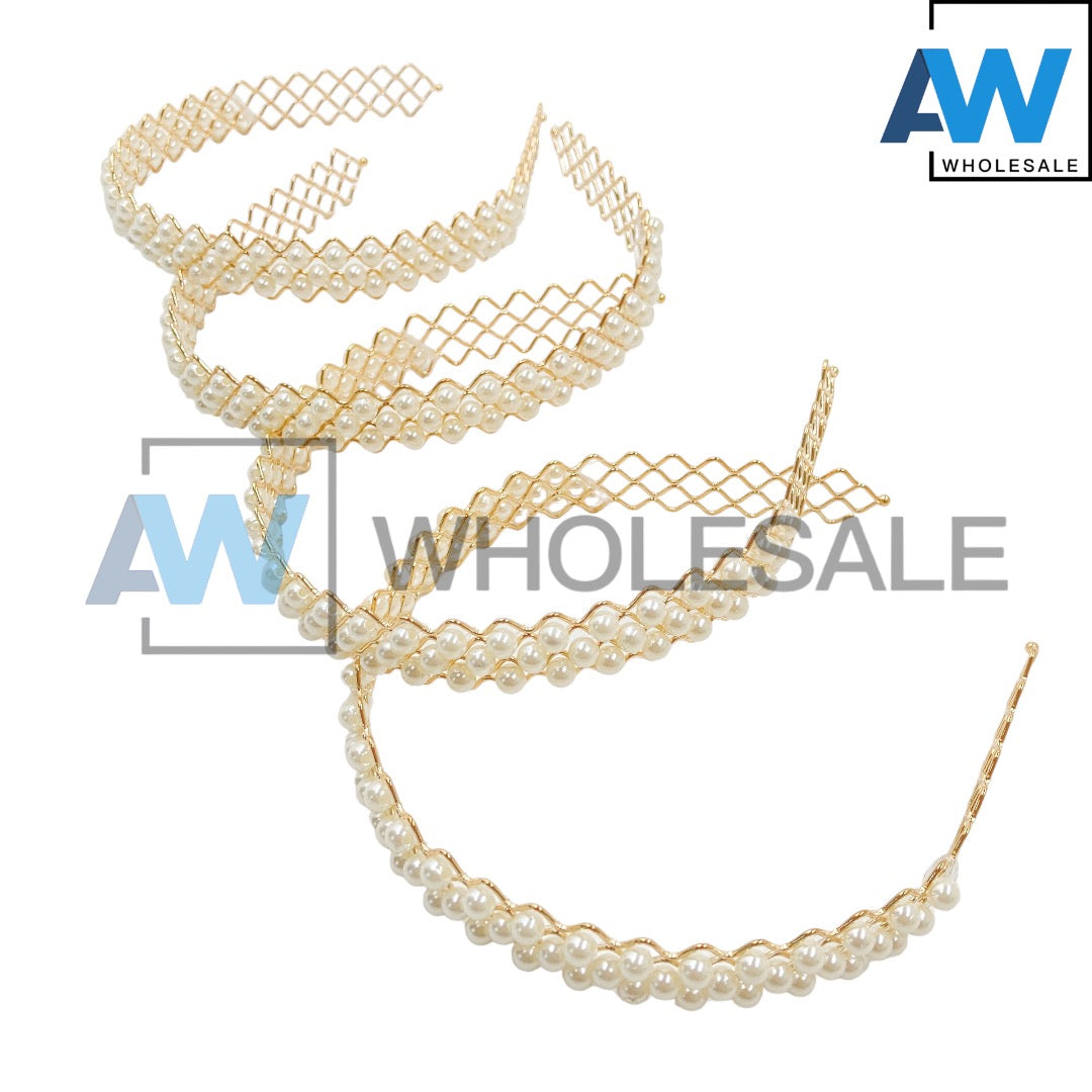 HB-1270 (12 pcs) Pearl Golden Metal Headbands