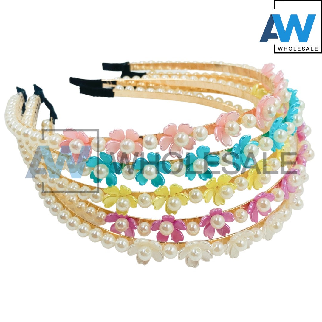 HB-1547 (12 pcs) Flower Pearl Metal Headbands