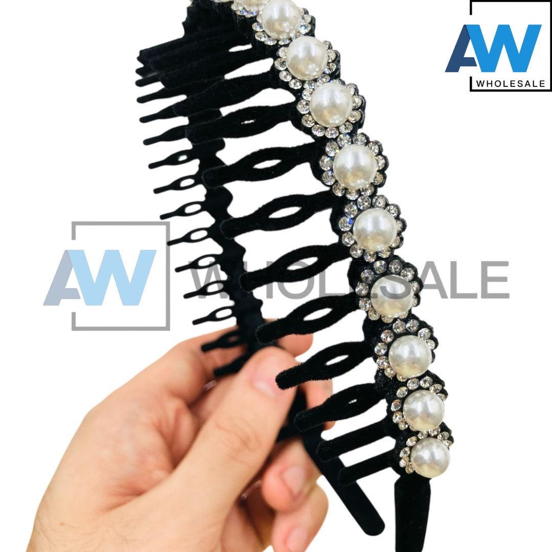 HB-1677 (12 pcs) Pearl Diamond Headbands