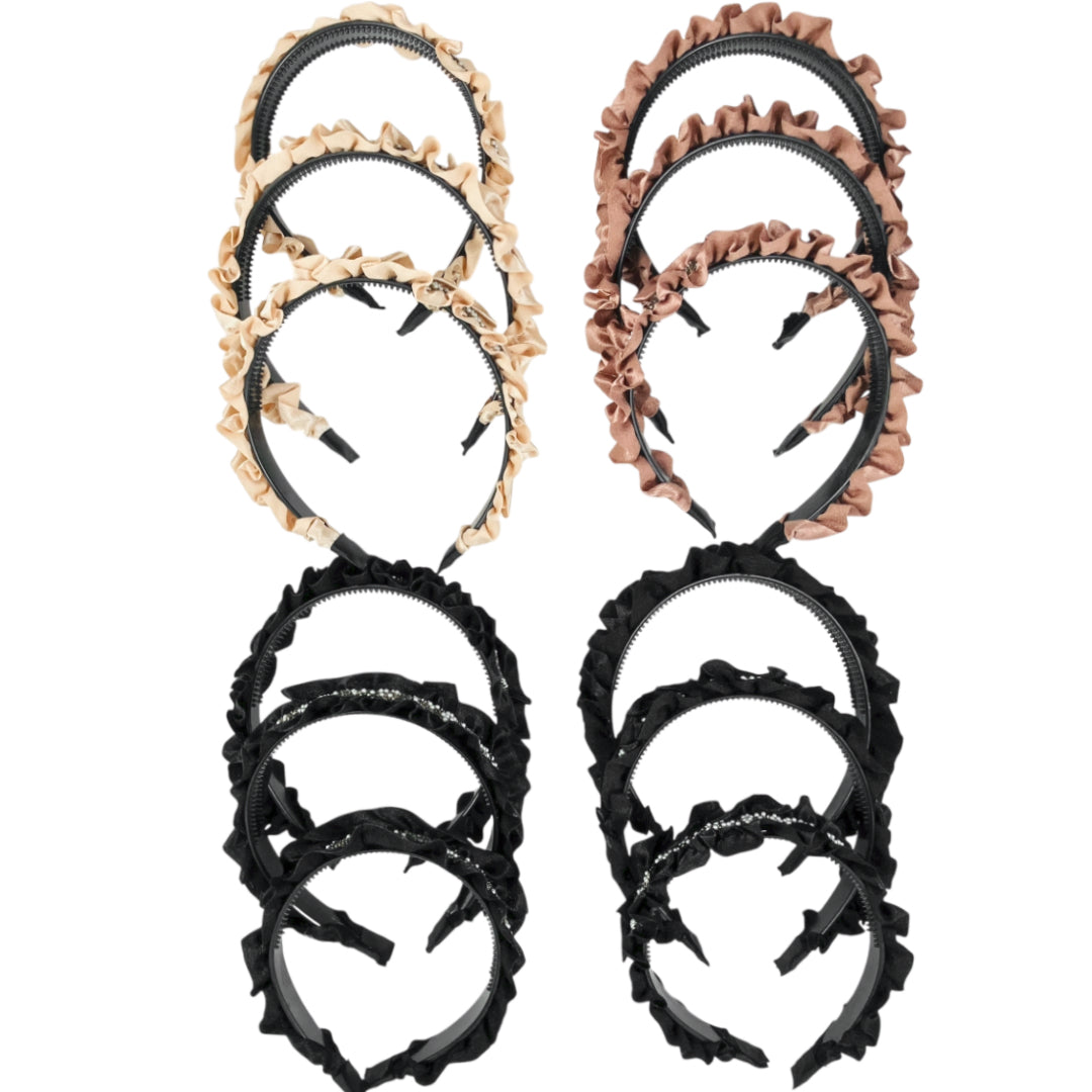 HB-1683 (12 pcs) Pleaded Fabric Flower Headbands