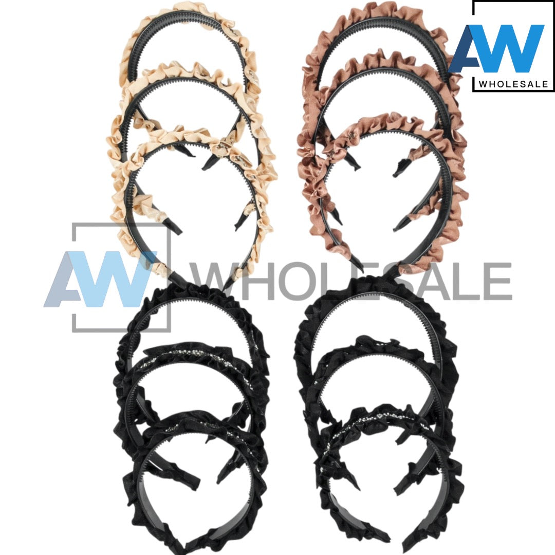 HB-1683 (12 pcs) Pleaded Fabric Flower Headbands