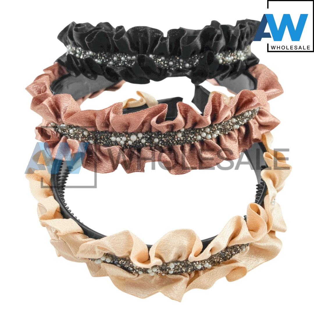 HB-1683 (12 pcs) Pleaded Fabric Flower Headbands