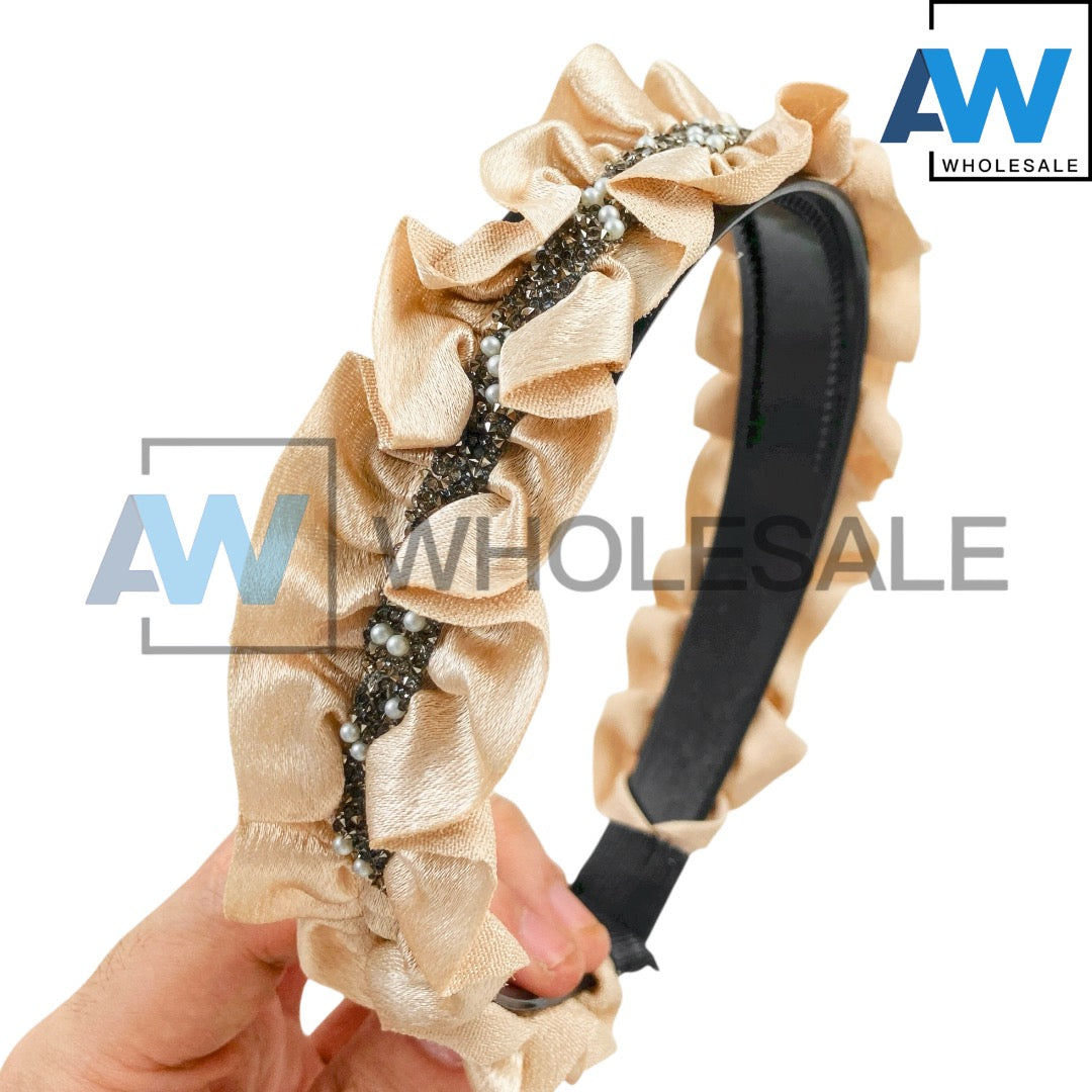 HB-1683 (12 pcs) Pleaded Fabric Flower Headbands