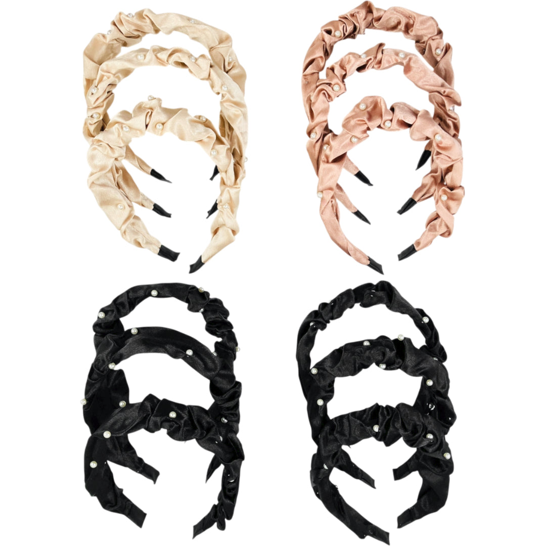 HB-1685 (12 pcs) Pearl Satin Fabric Headbands