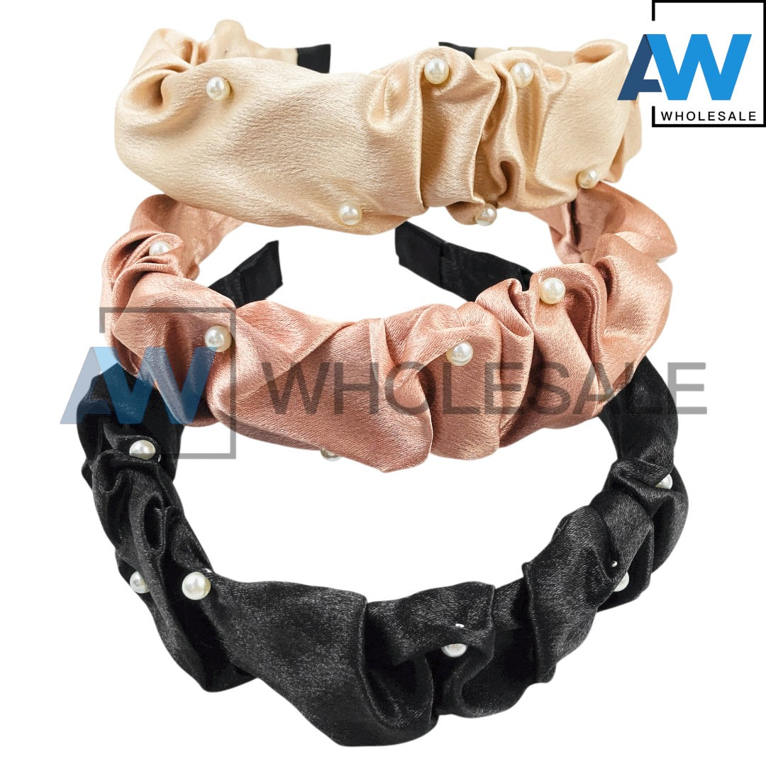 HB-1685 (12 pcs) Pearl Satin Fabric Headbands