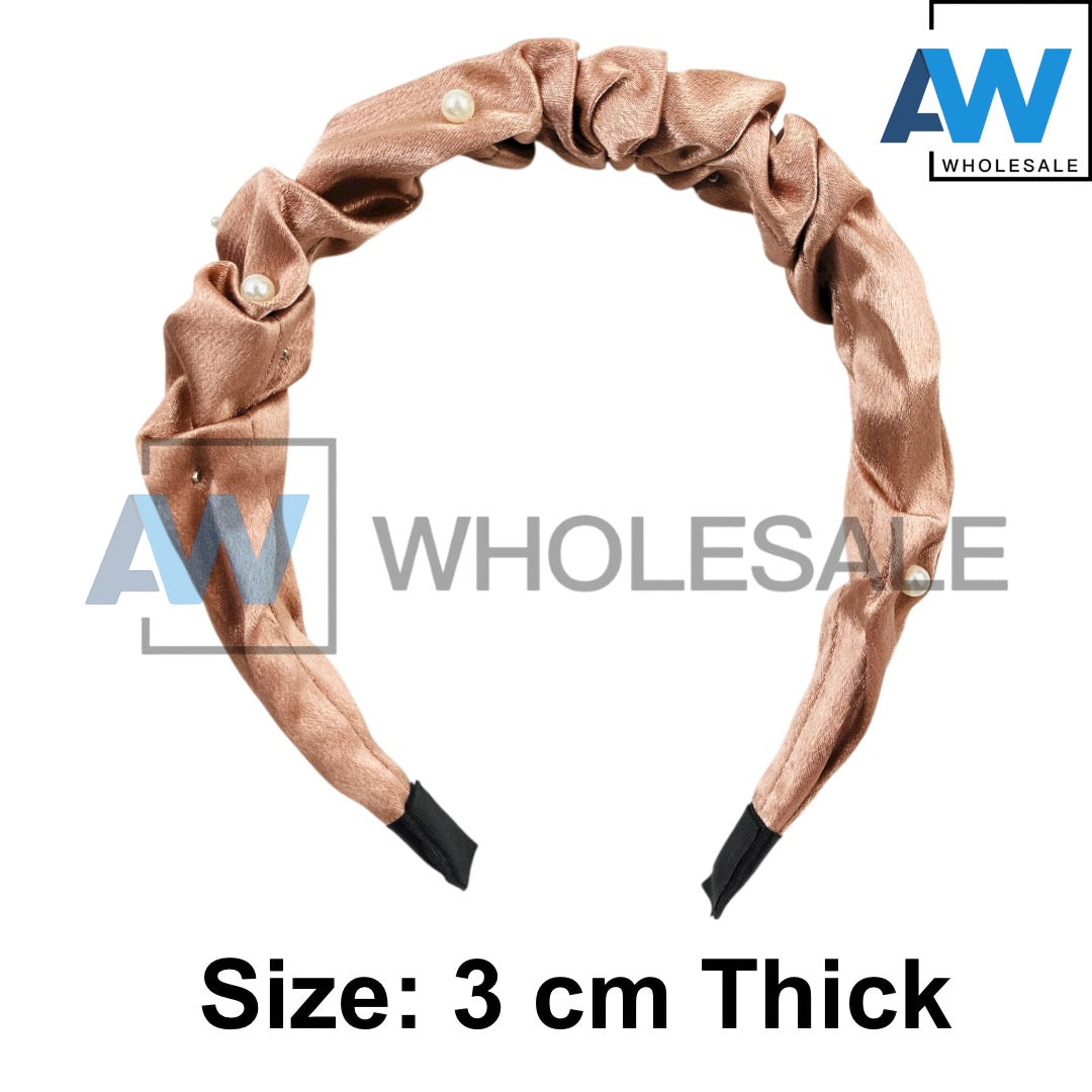 HB-1685 (12 pcs) Pearl Satin Fabric Headbands