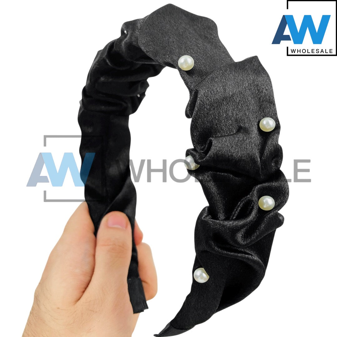 HB-1685 (12 pcs) Pearl Satin Fabric Headbands