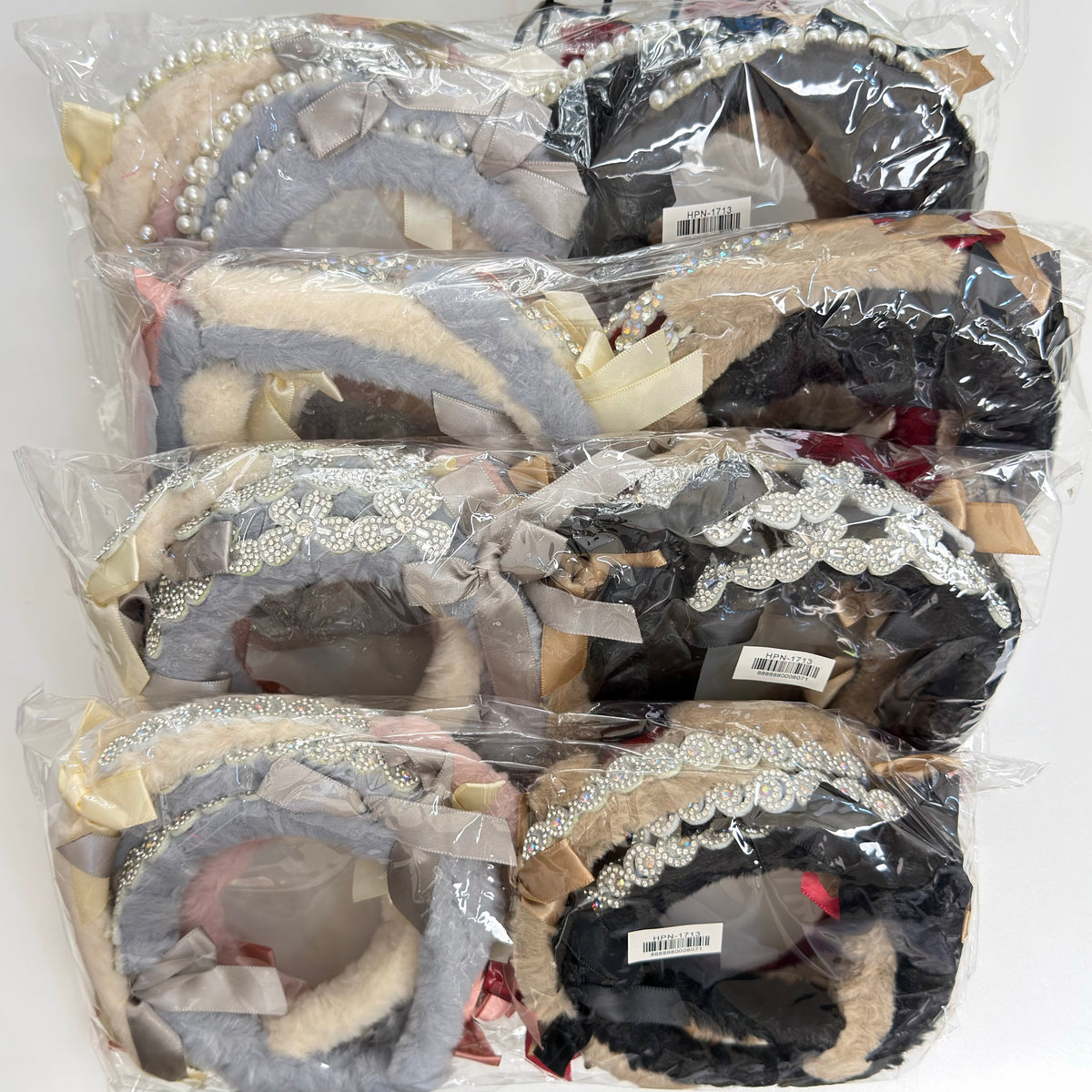 HB-1713 (12 pcs) Pearl Fuzzy Bow Headband
