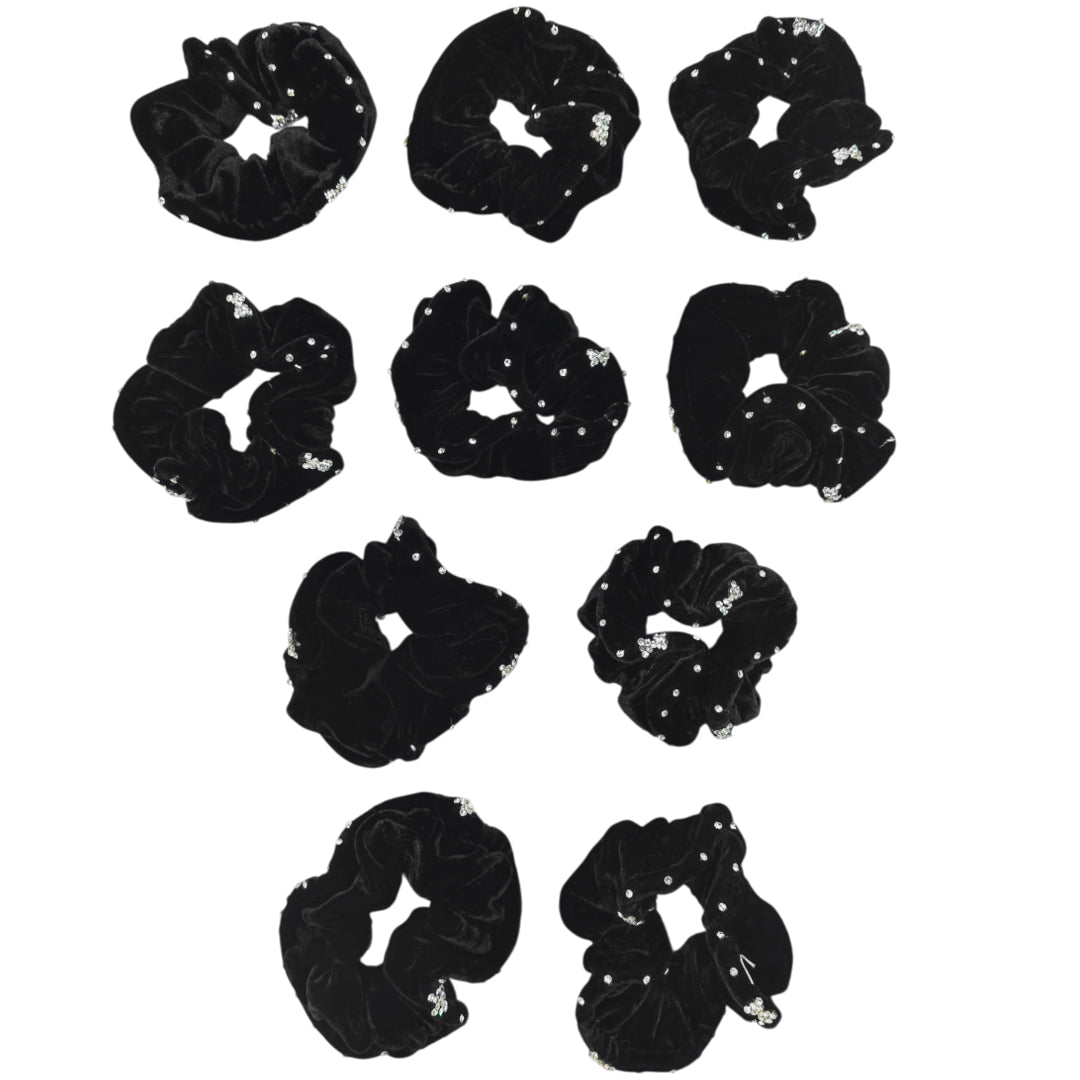 HPN-110 (10 pcs) Diamond Accent Black Scrunchies Hair Ties