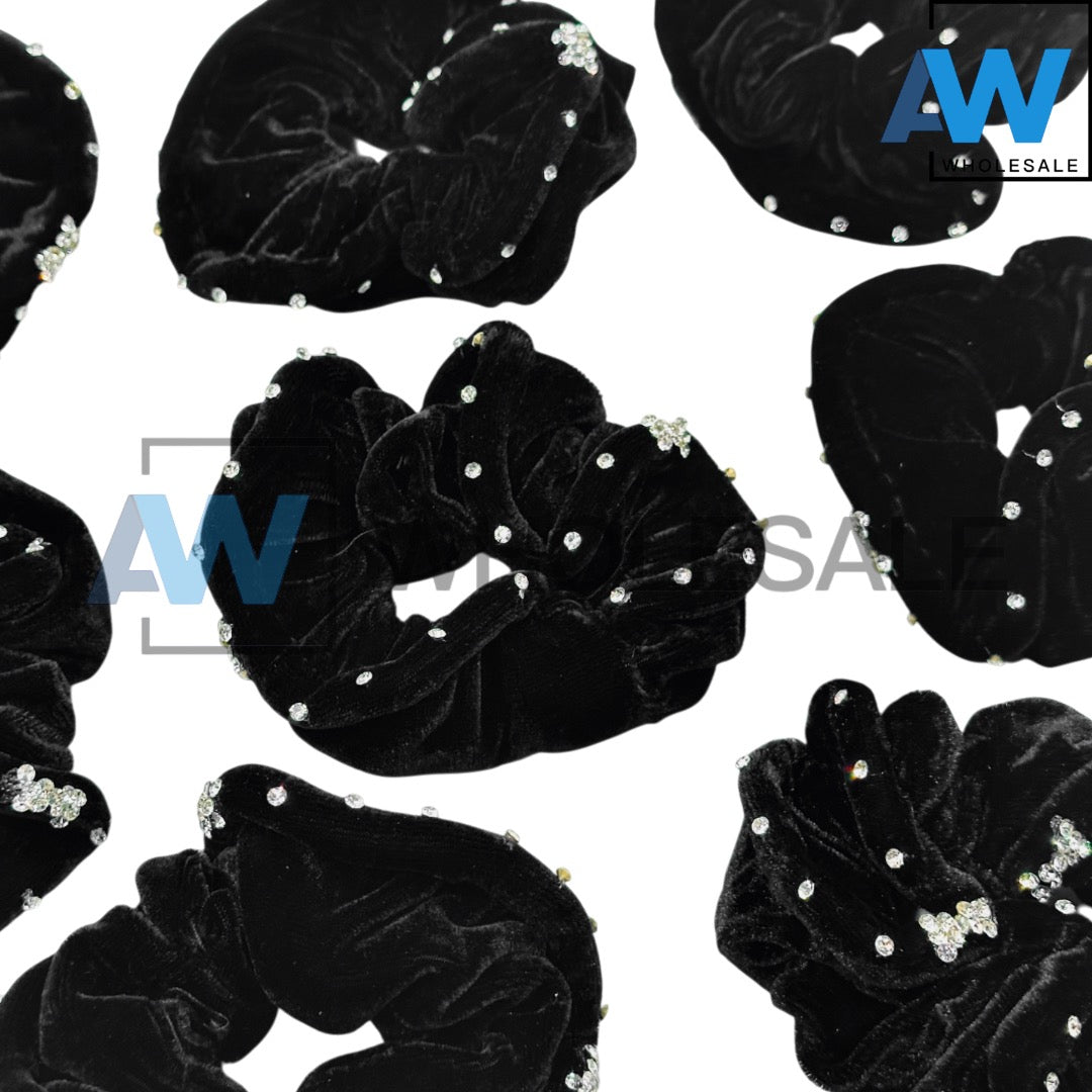 HPN-110 (10 pcs) Diamond Accent Black Scrunchies Hair Ties