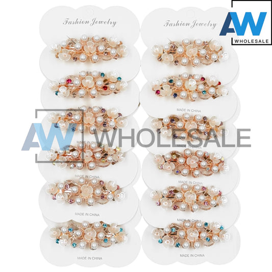 HPN-1746 (12 pcs) Gemstone Pearl Metal Hair Clips