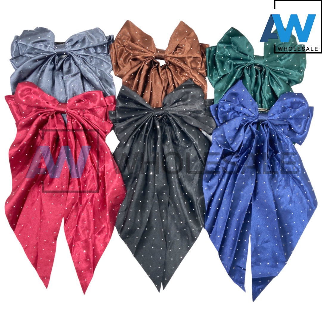 HPN-1774 (12 pcs) Satin Ribbon Tail Barette Hair Clips