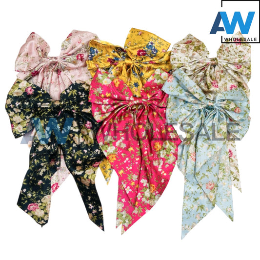 HPN-1836 (12 pcs) Satin Pattern Ribbon Tail Hair Clips