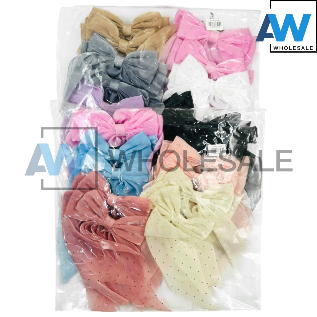 HPN-2116 (12 pcs) Sheer Fabric Ribbon Tail Barette Hair Clips