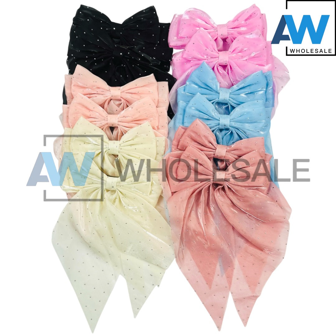 HPN-2116 (12 pcs) Sheer Fabric Ribbon Tail Barette Hair Clips