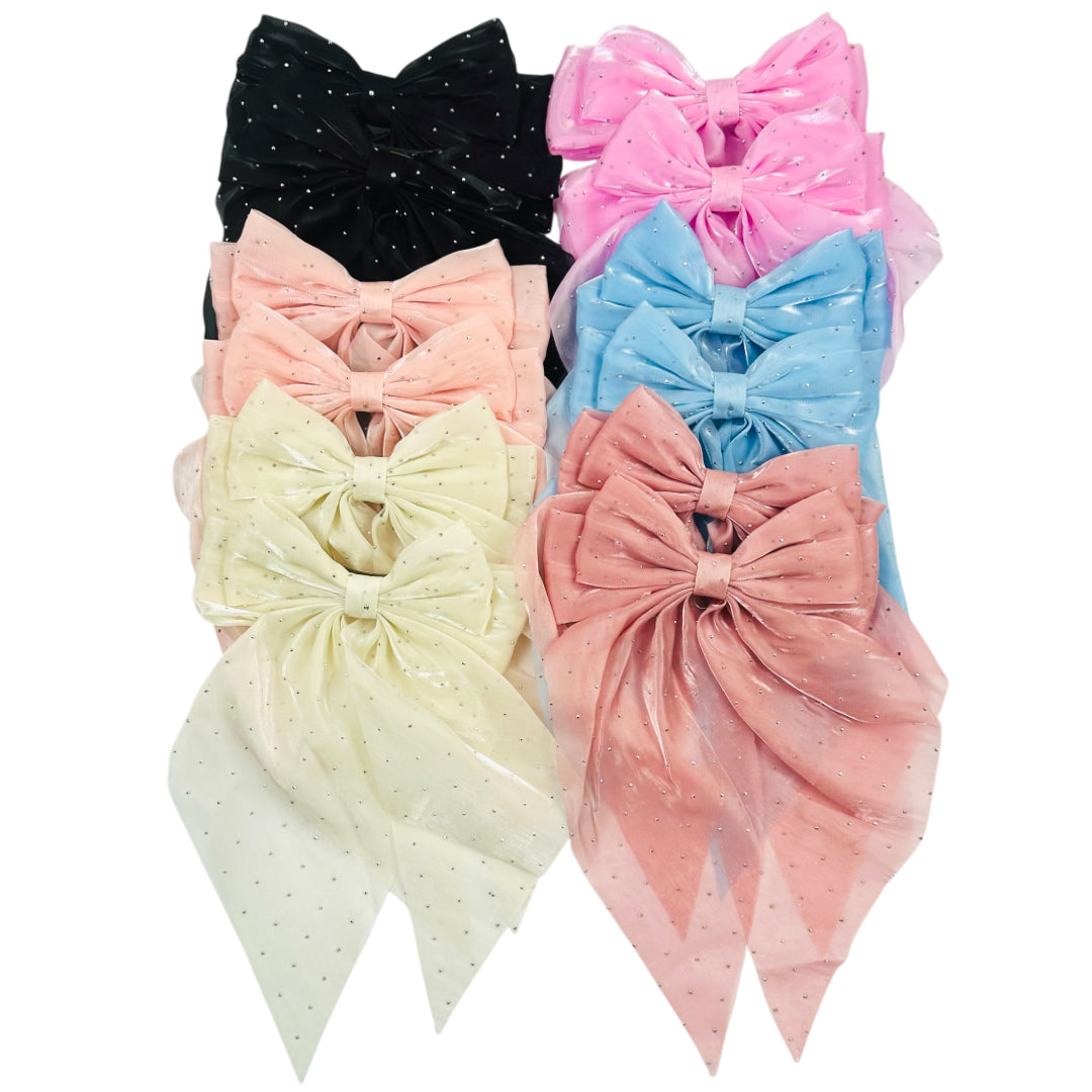 HPN-2116 (12 pcs) Sheer Fabric Ribbon Tail Barette Hair Clips