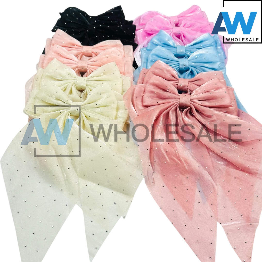 HPN-2116 (12 pcs) Sheer Fabric Ribbon Tail Barette Hair Clips
