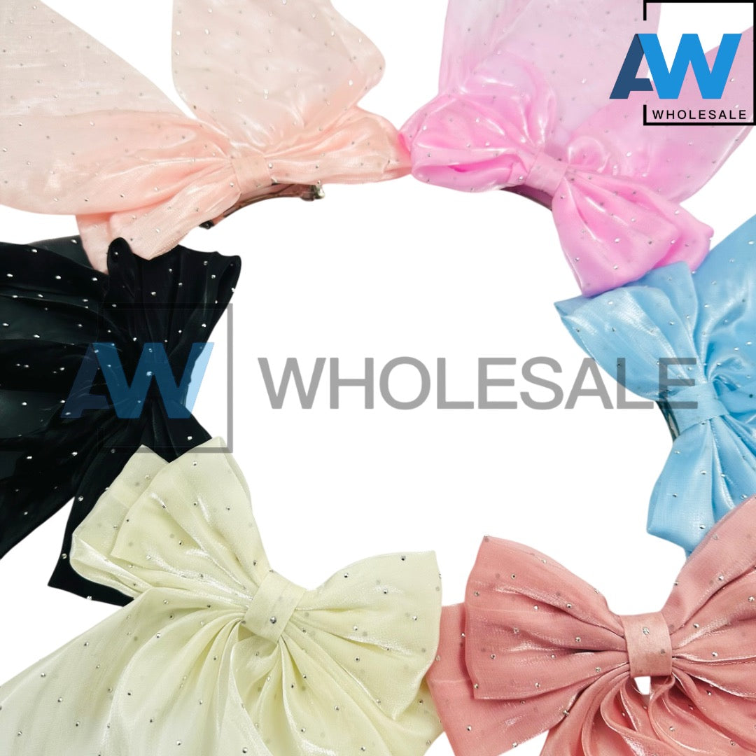 HPN-2116 (12 pcs) Sheer Fabric Ribbon Tail Barette Hair Clips